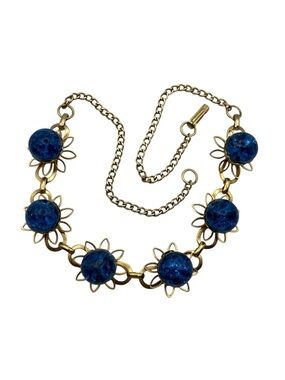 Mid Century gold tone link necklace crushed ice orb blue flowers vintage